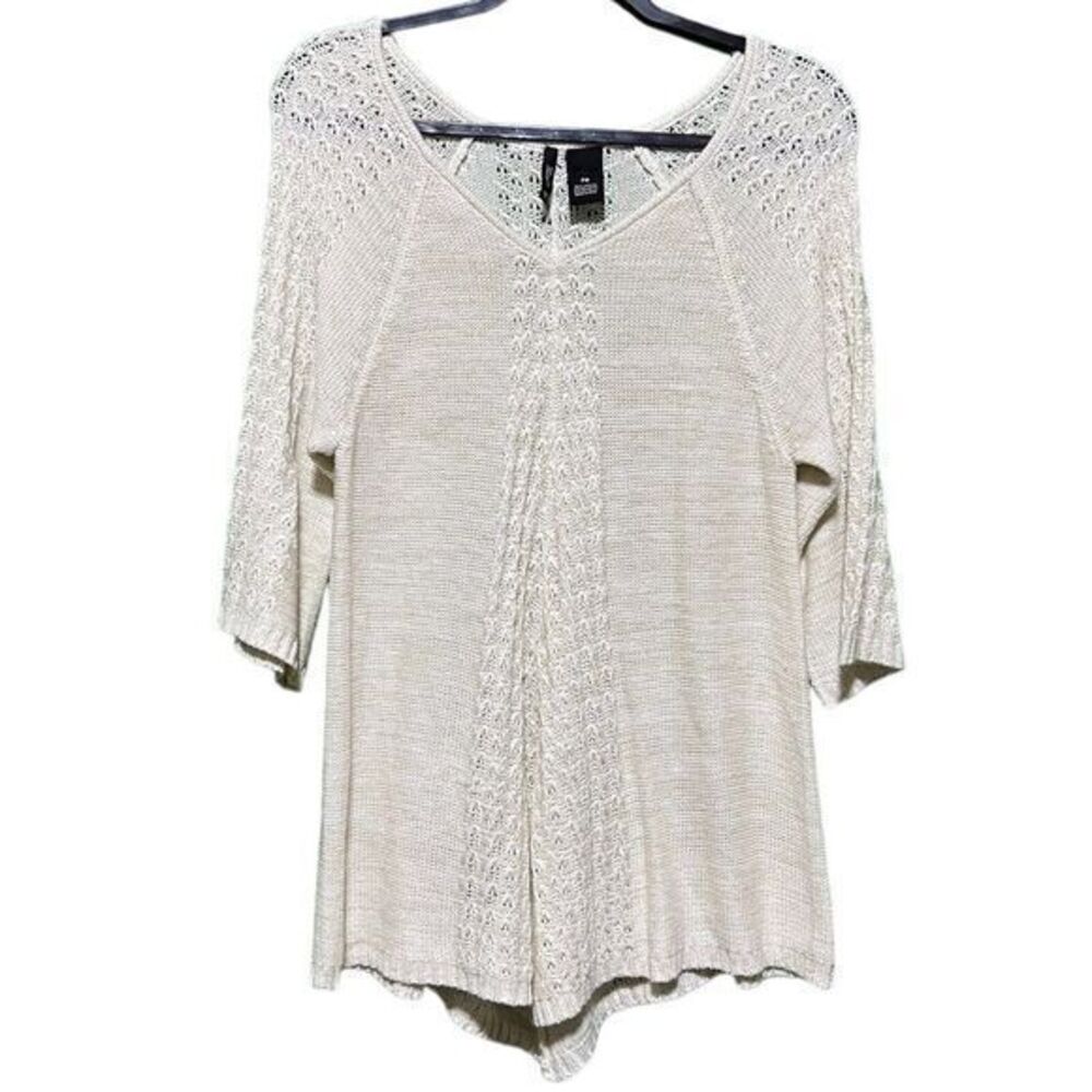 New Directions V-Neck 3/4 Sleeve Crochet‎ Trim Pullover Top Beige Petite Medium